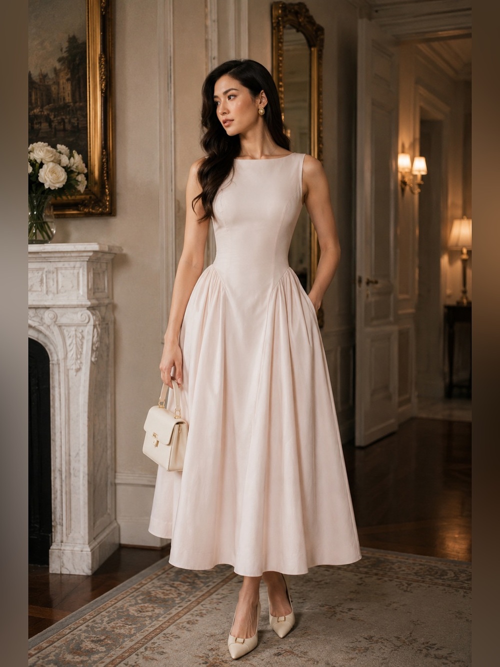 Helsa Boat Neck Blush Pale Pink Stretch Cotton Open Back Midi Dress NWOT